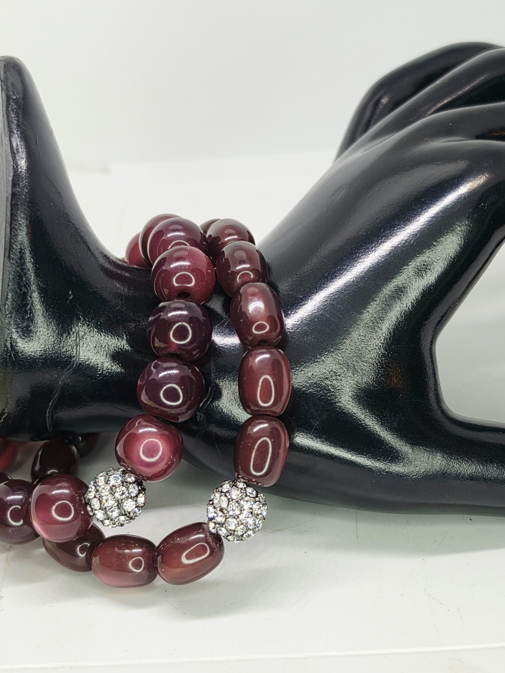 Vintage Burgundy Cat Eye Stack Stretch Bracelet Rhinestone Pave Disco Bead Lot 2 - Picture 6 of 7